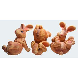 3 Resin Bunny Figurines Playful Poses Orange Pink Tones Decorative Collectibles